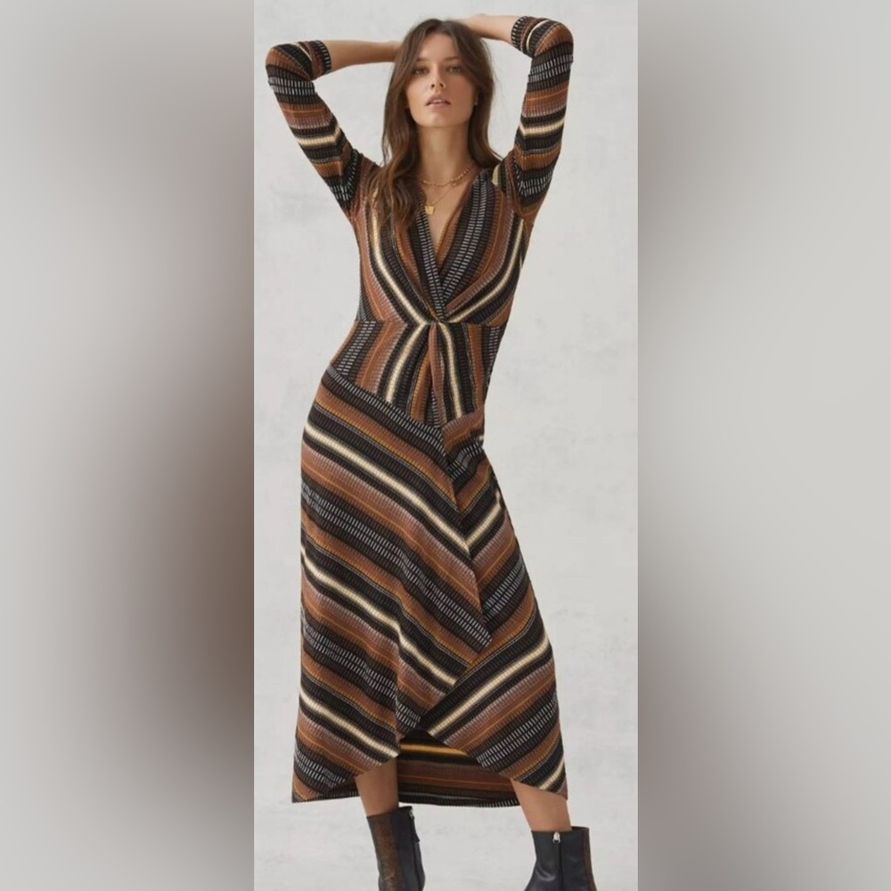 Anthropologie Maeve Striped Wrap Midi Maxi Dress Black Knotted Tan White - XS